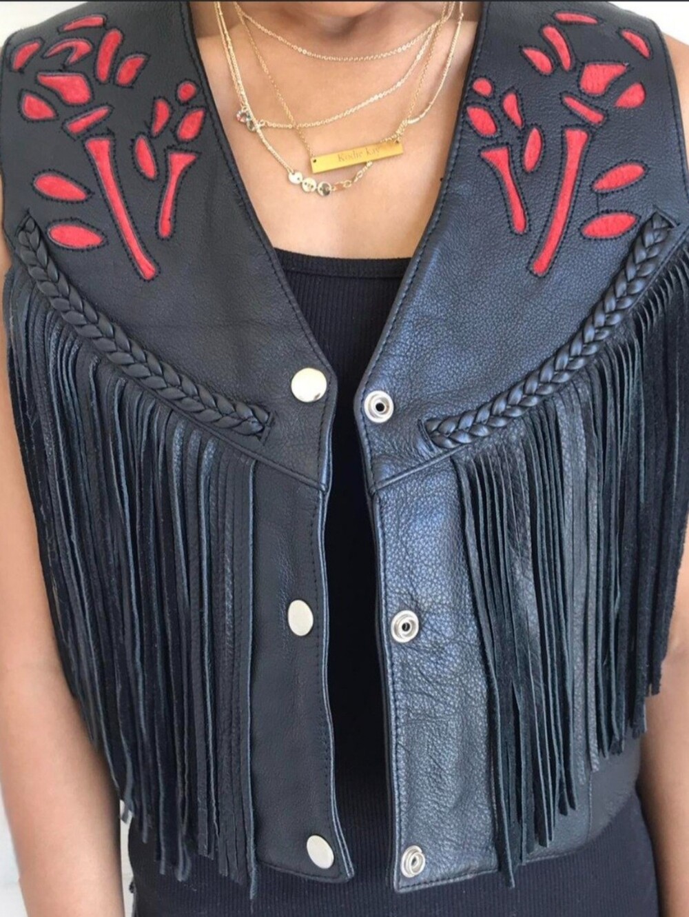 Leather King Women's Black Leather Fringe Vest With Rose Applique. Small. Biker